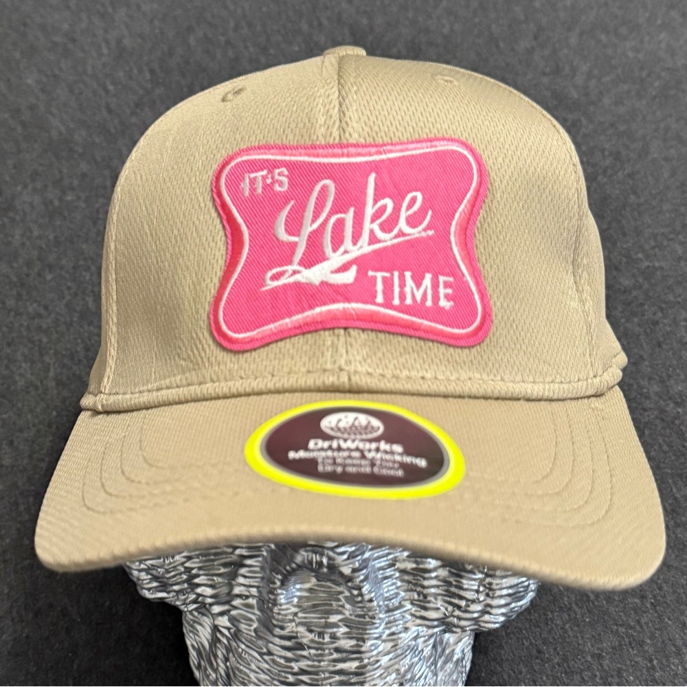 Tan Baseball Cap with Pink 'Lake Time' Patch- Fkex Fit S/M